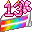 A pixel drawing of a slice of rainbow cake, with white icing. It is decorated with a pink flower, and pink number candles that say 13