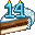 A pixel drawing of a slice of ice cream cake, with pale blue icing. It is decorated with little crunchy snowflakes, and blue number candles that read 14