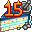 A pixel drawing of a slice of vanilla cake with confetti flakes in it, and a blue icing between the layers. It is decorated with a little candy satellite, and orange number candles that read 15