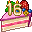 A pixel drawing of a slice of yellow cake, and strawberry jam between the layers. The outside of the cake is frosted with pink icing and decorated with strawberries, raspberries and blueberries. It also yellow number candles that read 16