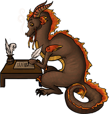 A dragon writing at a small desk.