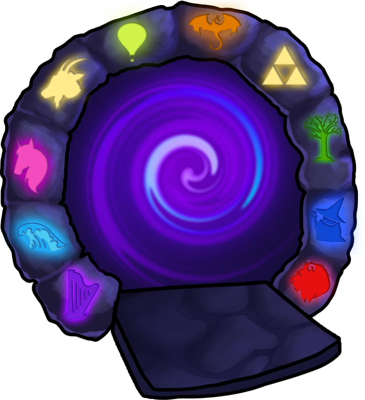 A round portal made of purple stone. There are 10 symbols around the edges, and glowing magical energy at its center.