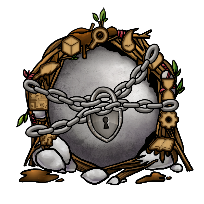 A round portal made of twigs, mud and rocks. There are 10 symbols around the edges. The center has been covered with a large boulder, and it is wrapped in chains and locked tightly.