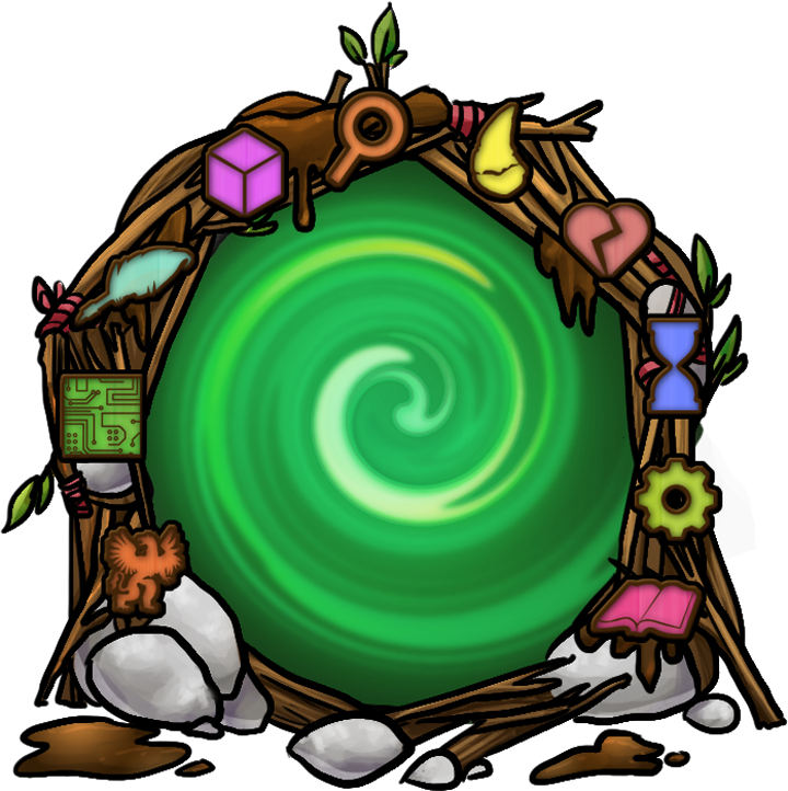 A round portal made of twigs, mud and rocks. There are 10 symbols around the edges, and glowing magical energy at its center.