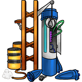 A partially constructed booster rocket on a launch pad. Panels are open on its side with wires sticking out, and parts waiting to be attached litter the ground.