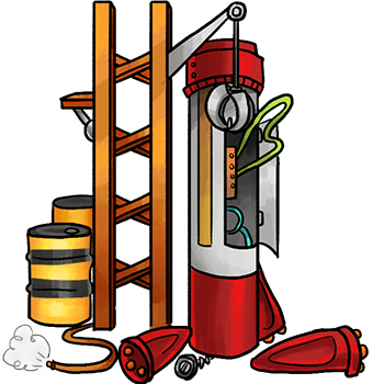 A partially constructed booster rocket on a launch pad. Panels are open on its side with wires sticking out, and parts waiting to be attached litter the ground.