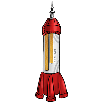 A completed rocket booster waiting on the launch pad.