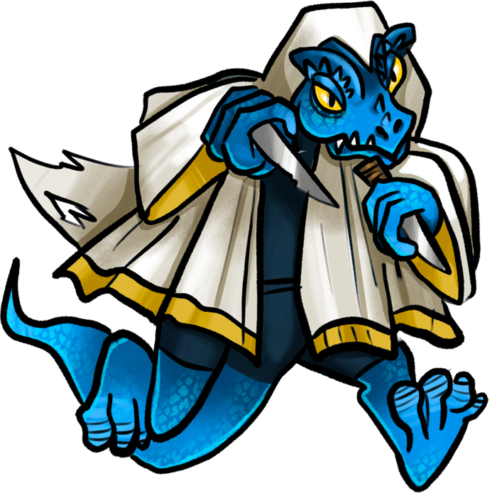 A lizard person with blue scales, swathed in a hooded cloak and brandishing a dagger.