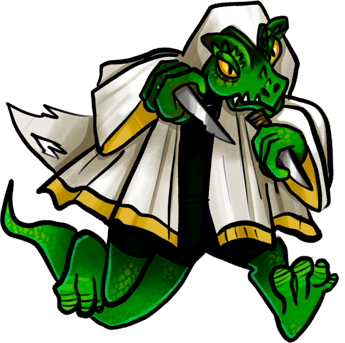 A lizard person with green scales, swathed in a hooded cloak and brandishing a dagger.