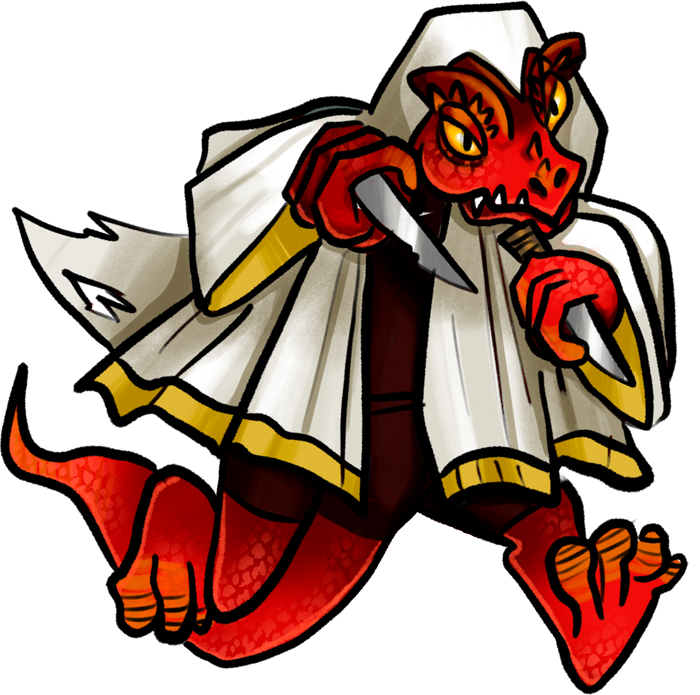 A lizard person with red scales, swathed in a hooded cloak and brandishing a dagger.
