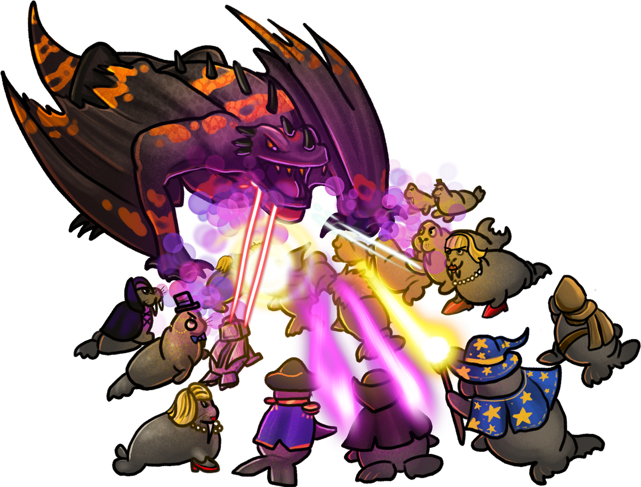 Image of the Gila Dragon hunched forward and roaring while a mixed walrus company stands against it, some attacking with magic and lasers.