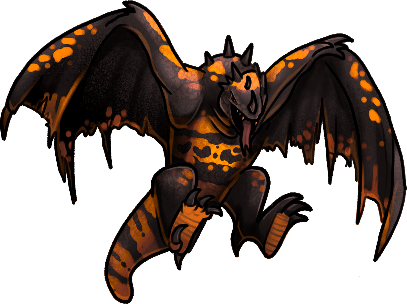A massive dragon in flight. It has back legs, but the front legs are muscley wings. Its coloration is similar to that of a Gila Monster.