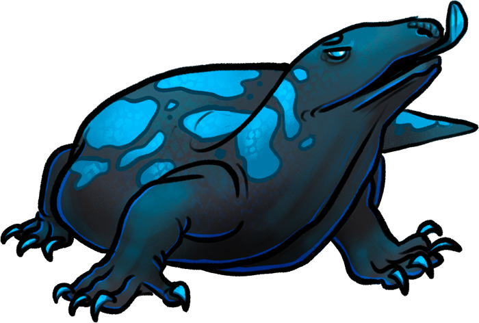 A scaly lizard similar to a gila monster. It has blue markings on its back.