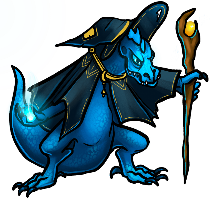 A lizard person with blue scales. They wear a wizard's robe and hat. In one clawed hand, they carry a staff. In the other, they are forming a ball of magical energies.