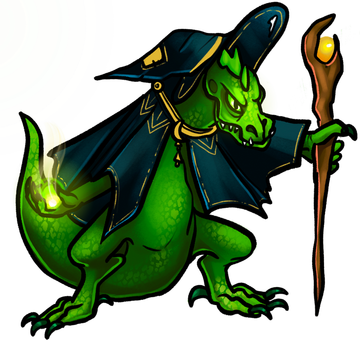 A lizard person with green scales. They wear a wizard's robe and hat. In one clawed hand, they carry a staff. In the other, they are forming a ball of magical energies.