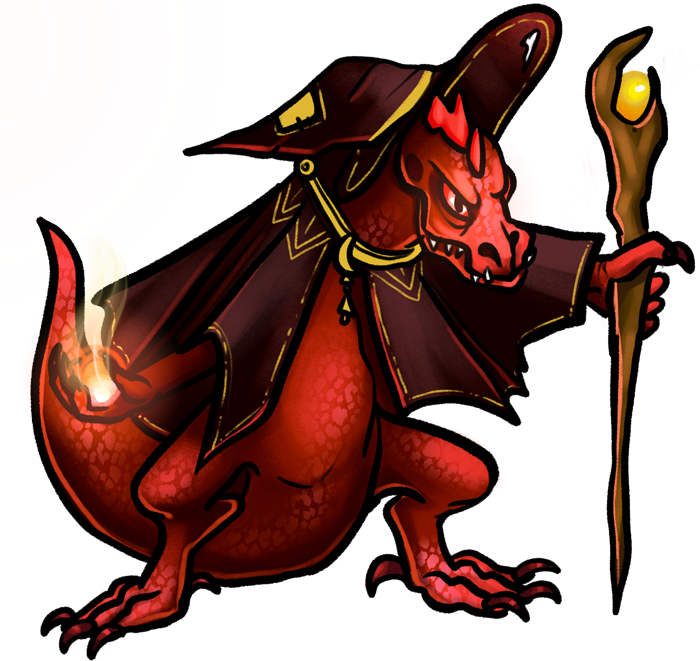 A lizard person with red scales. They wear a wizard's robe and hat. In one clawed hand, they carry a staff. In the other, they are forming a ball of magical energies.