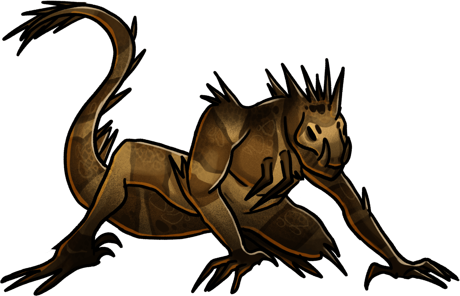 A large, lean lizard, vaguely humanoid in shape but primarily reptilian. Its lithe body is covered in sharp spikes, and its eyes are black as night. It creeps on all fours, long tail flicking silently behind it.