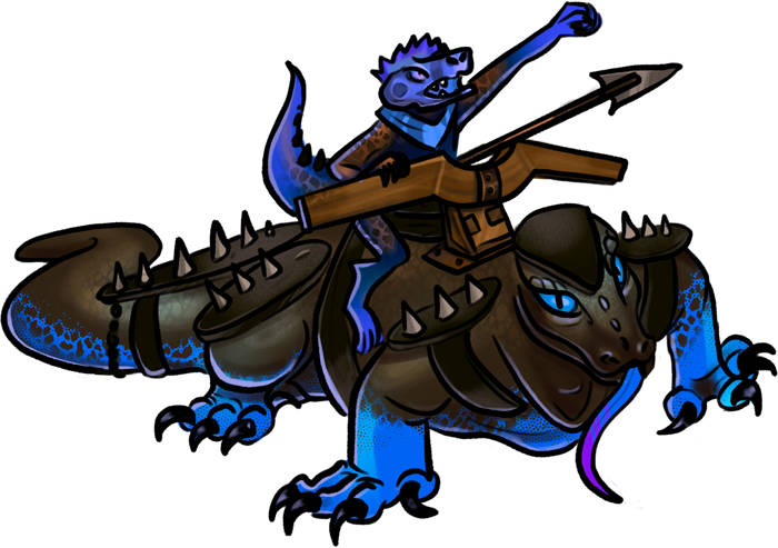 A huge blue lizard, similar in shape to a komodo dragon, but almost elephant-sized. Spiked plate armor is strapped to its legs, tail and head, and a platform with an oversized, mounted crossbow is on its back. A lizard-person rider is on the platform, bellowing a war cry as it aims the crossbow.