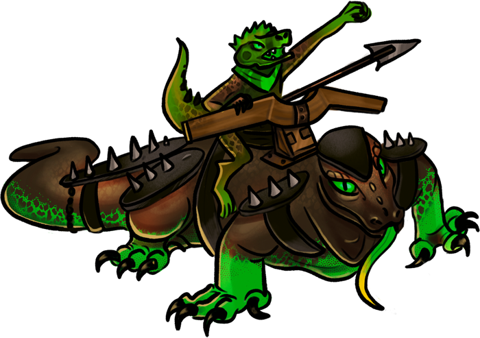 A huge green lizard, similar in shape to a komodo dragon, but almost elephant-sized. Spiked plate armor is strapped to its legs, tail and head, and a platform with an oversized, mounted crossbow is on its back. A lizard-person rider is on the platform, bellowing a war cry as it aims the crossbow.