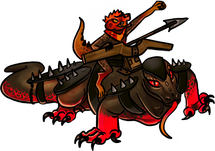 A huge red lizard, similar in shape to a komodo dragon, but almost elephant-sized. Spiked plate armor is strapped to its legs, tail and head, and a platform with an oversized, mounted crossbow is on its back. A lizard-person rider is on the platform, bellowing a war cry as it aims the crossbow.