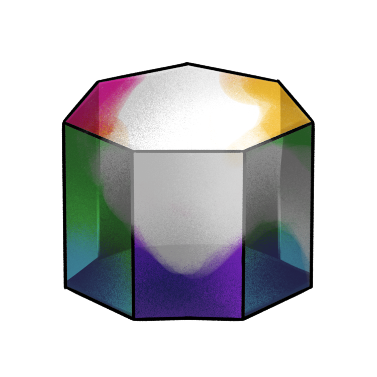 A heptagonal-shaped prism. Color is starting to creep up from its base toward its tip.