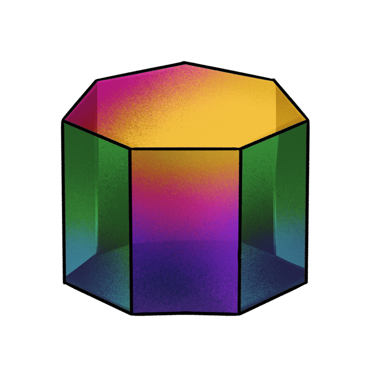 A heptagonal-shaped prism. Color has seeped from the base all the way to its tip, but the color is still somewhat dull.