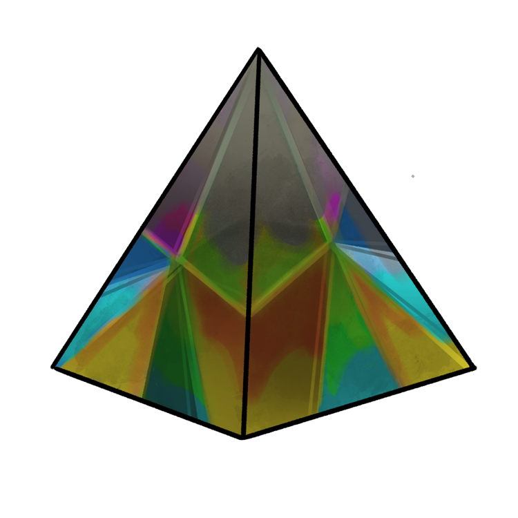 A pyramid-shaped prism. Color is starting to creep up from its base toward its tip.