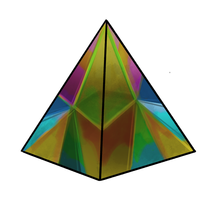 A pyramid-shaped prism. Color has seeped from the base all the way to its tip, but the color is still somewhat dull.