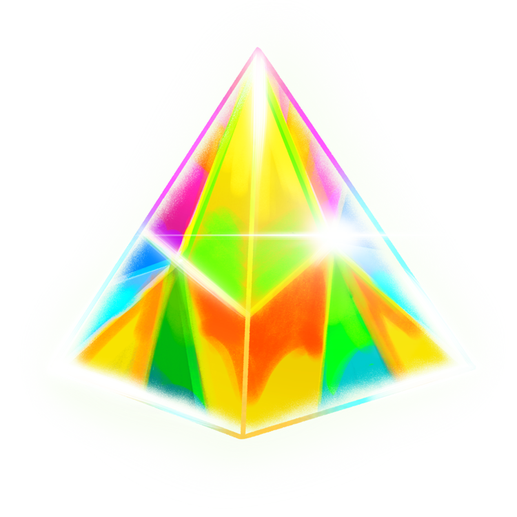A pyramid-shaped prism. It is so full of bright color and light that it is glowing with rainbow light.