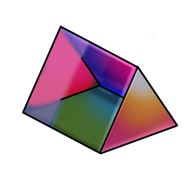 A triangular trapezoid-shaped prism. Color has seeped from the base all the way to its tip, but the color is still somewhat dull.