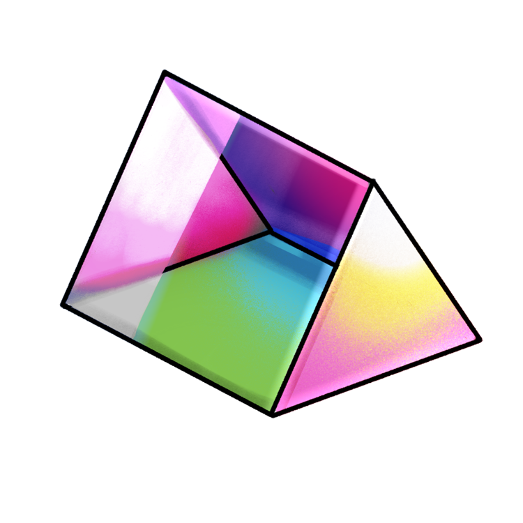 A triangular trapezoid-shaped prism. It is full of color and light.