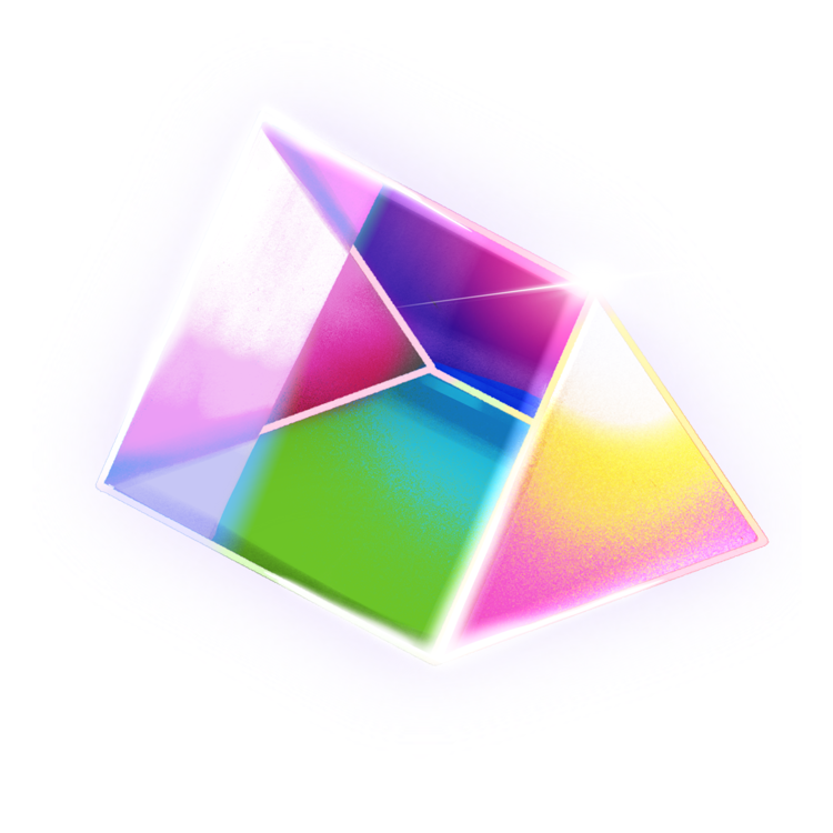 A triangular trapezoid-shaped prism. It is so full of bright color and light that it is glowing with rainbow light.