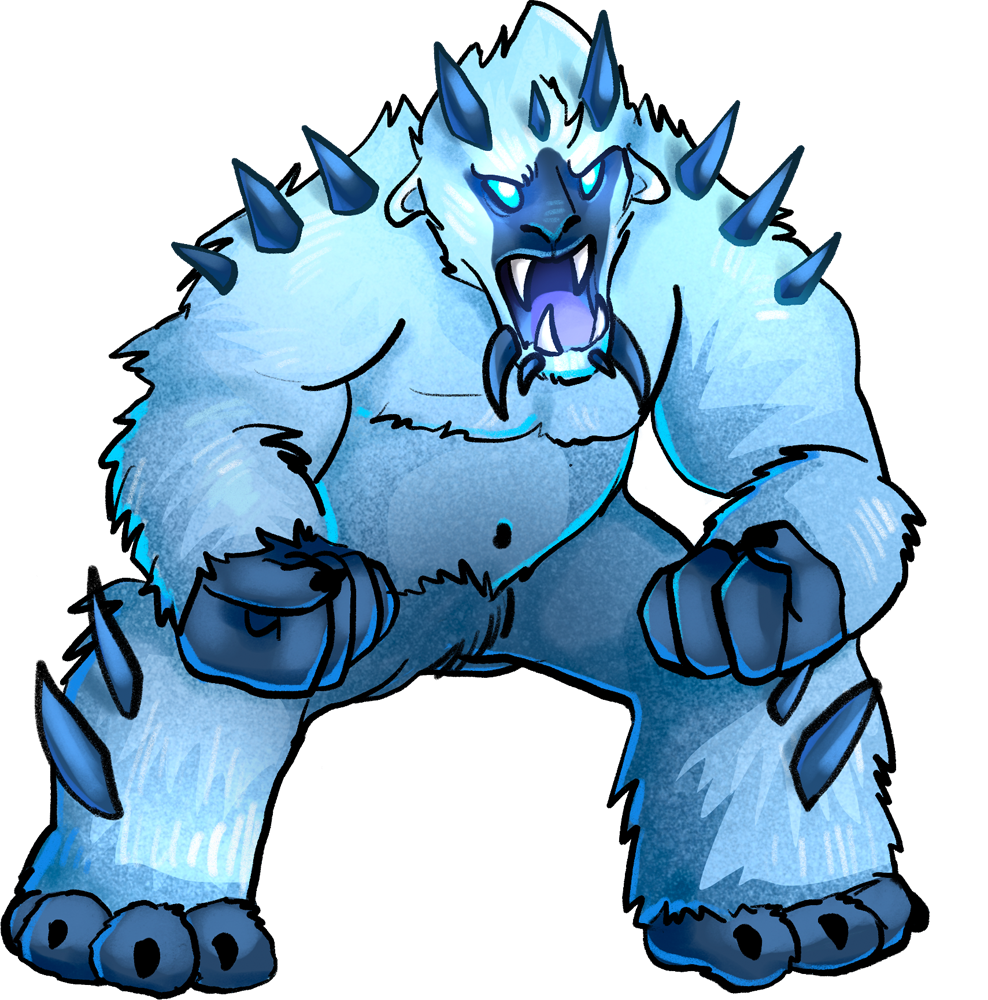 A towering ape-like creature with thick white fur and menacing blue spikes and tusks.