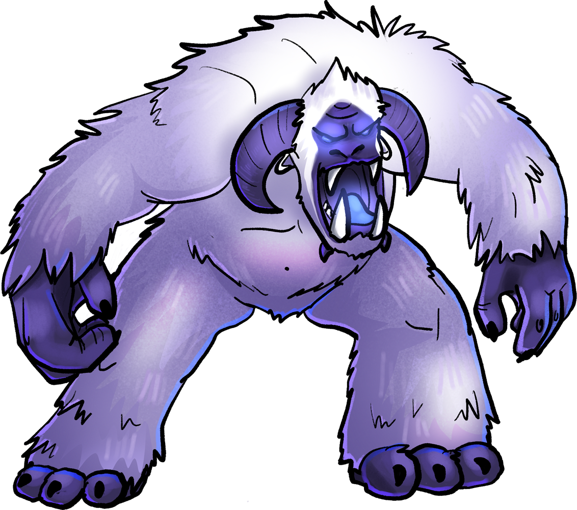 An enormous ice troll, covered in shaggy white fur. It has dangerous looking tusks and twisting horns.