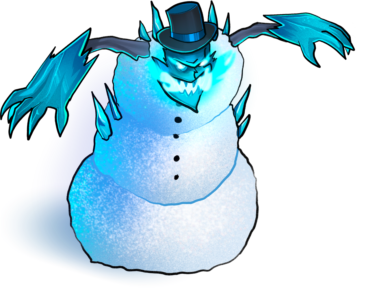 A massive snow man, built with the classic three snow balls on top of each other. Its face is a devilish frozen mask, belching cold flames. Icicles grow from it like spikes.