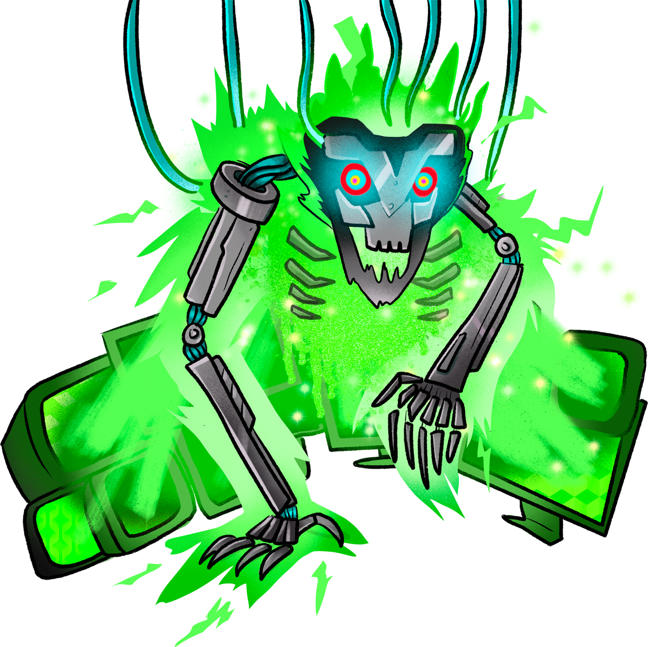 A massive skeletal creature constructed from metal and electricity. Electrical cables trail after it.