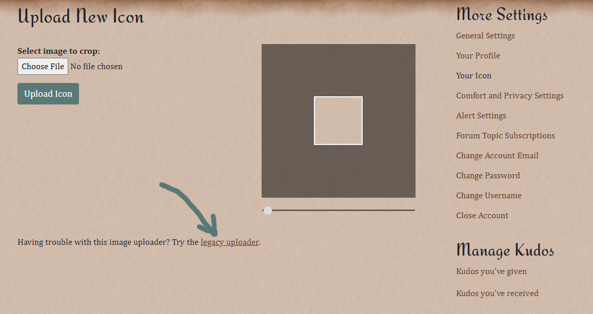 A screenshot of the upload a new icon page, with an arrow pointing to the use legacy uploader link at the bottom of the page.