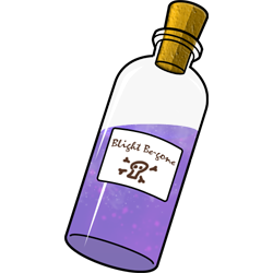 A glass bottle full of purple liquid filled with floating pink specks. A label on the bottle reads Blight-be-Gone above a rudimentary sketch of a skull and crossbones.