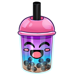 A boba tea that has several flavors carefully poured on top of one another, creating a gradient of various colors in the cup. The cup has an extremely excited happy face on it.