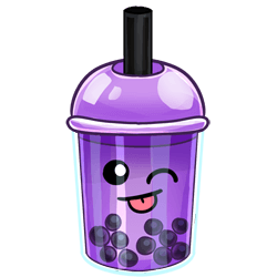 A purple boba tea with a winky face with the tongue sticking out cheekily on the cup.