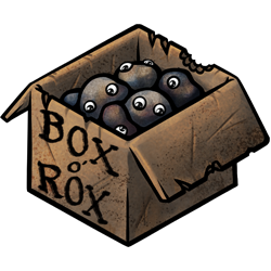 A cardboard box full of pet rocks.