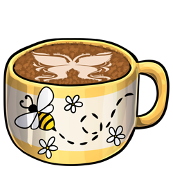 A mug of warm, fragrant espresso. It is served in a pale yellow mug decorated with daisies. A stylized bee flies in between the daisies. It has a foamed milk pattern of a butterfly on its surface.