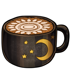 A mug of warm, fragrant espresso. It is served in a black mug flecked with gold, with a golden moon and stars on it. It has a foamed milk pattern of a sun on its surface.