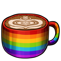 A mug of warm, fragrant espresso in a mug that has rainbow-colored stripes on it. It has a foamed milk pattern of hearts on its surface.