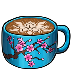 A mug of warm, fragrant espresso. It is served in a pale blue mug, with a branch bearing cherry blossoms patterned on it. It has a foamed milk pattern of a flower on its surface, with details picked out in cocoa powder.