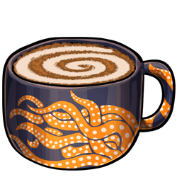 A mug of warm, fragrant espresso. It is served in a deep blue mug, with orange tentacles wrapping around the cup and handle. They reach up from the bottom, so it's not clear exactly what sort of creature all these tentacles are attached to. The beverage has a foamed milk design of a whirlpool swirled on top.