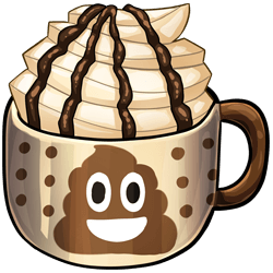 A mug of espresso. It is served in an off-white mug with a brown handle, and brown dots surrounding a large, smiling poop emoji. The top is heaped with whipped cream suspiciously in the a similar shape to a poop emoji, and drizzled with copious chocolate syrup.