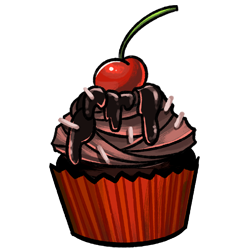 A dark chocolate cupcake topped with fudgey goodness and a dark red cherry