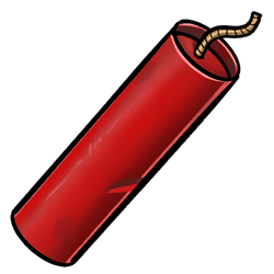 A bright red stick of dynamite with a dent in one side, a few scuffs of dirt, and a string fuse.