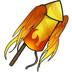 A yellow firework with phoenix wings on its sides, and a fire decal painted around the base. The fuse is unlit.